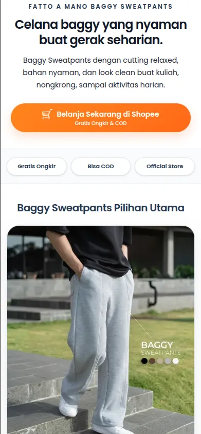 Landing page produk Fatto A Mano dalam tampilan ponsel.