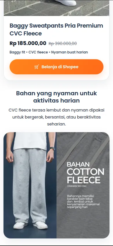 Tampilan detail produk pada landing page Fatto A Mano.