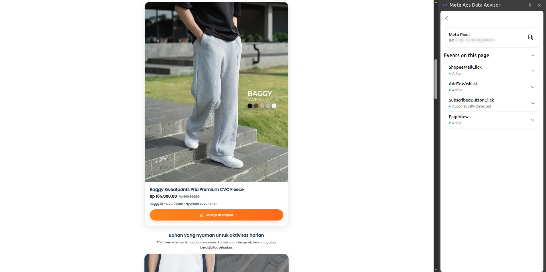 Pemeriksaan event Meta Pixel pada landing page dengan identifier yang sudah disamarkan.