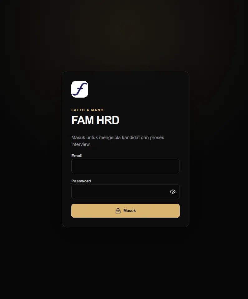 Halaman masuk aplikasi HRD Fatto A Mano.
