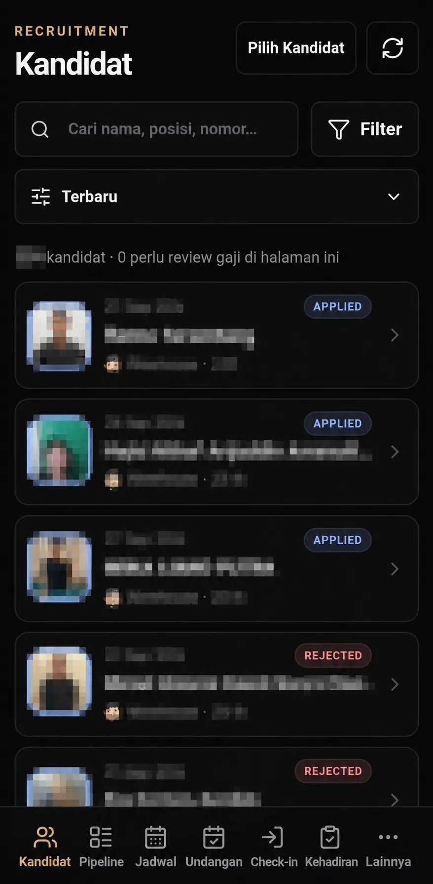 Antarmuka HRD ATS versi mobile/PWA dengan identitas dan jumlah kandidat disamarkan.