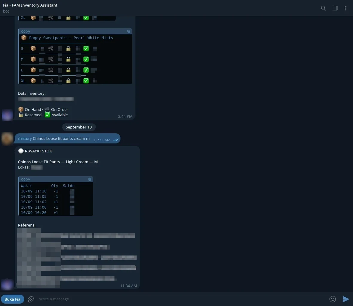 Interaksi dan riwayat inventori melalui Telegram Inventory Bot dengan referensi pesanan disamarkan.