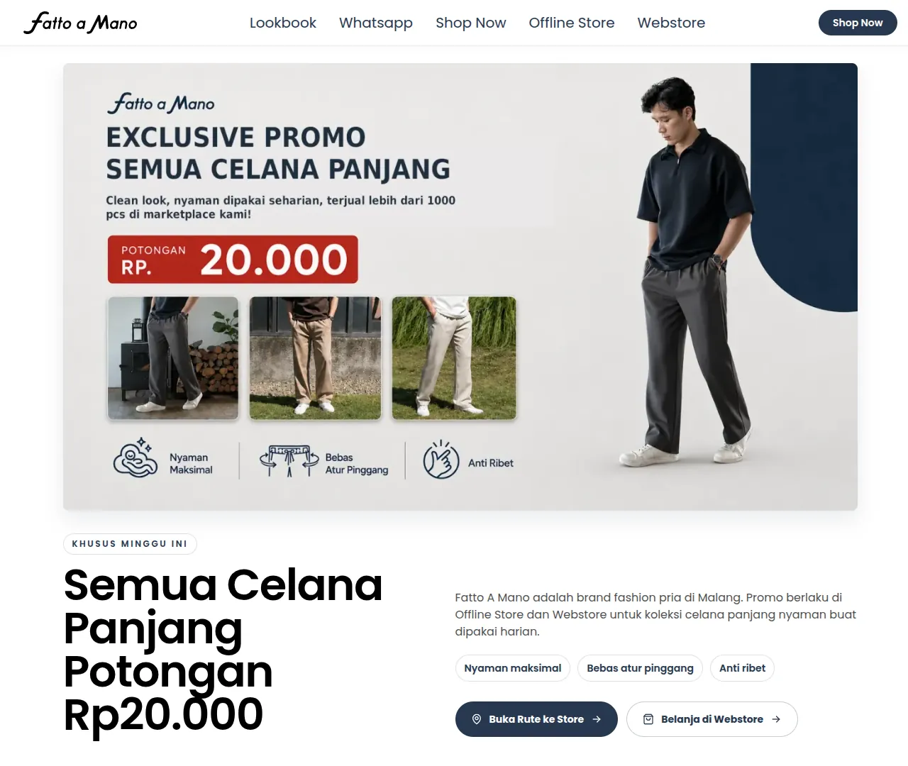 Halaman utama website Fatto A Mano dengan navigasi dan koleksi produk.