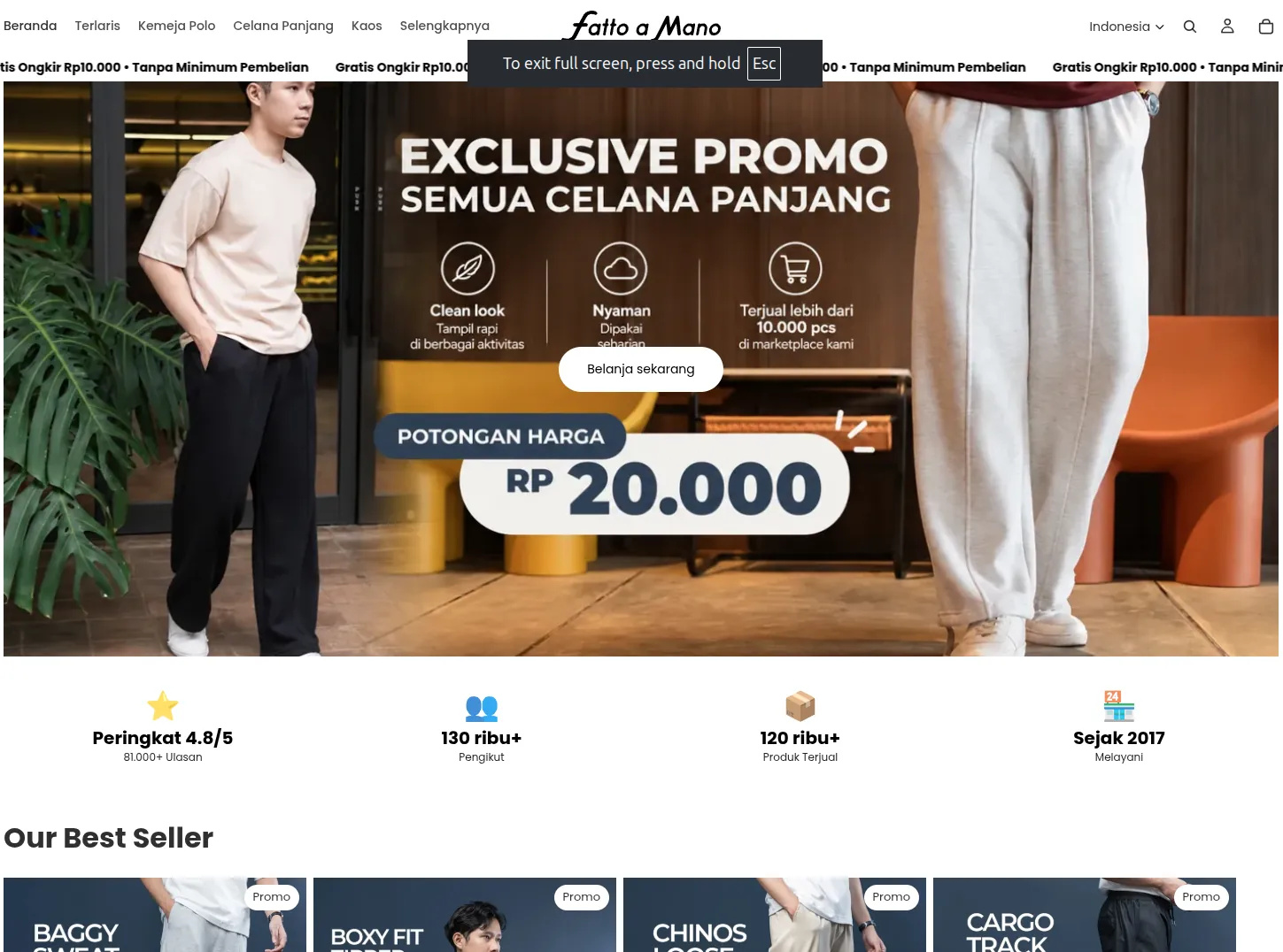 Halaman utama toko online Shopify Fatto A Mano.